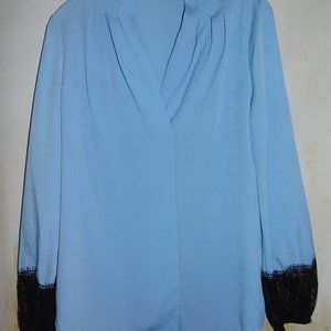 Kobi Women's Blue Long Sleeve Balloon Black Lace Pleated Shift Blouse Small S